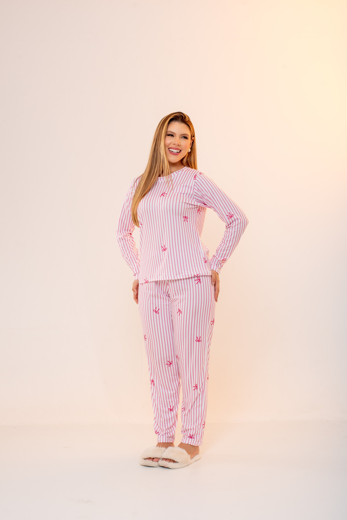 Pijama de Inverno Longo Laço Listrado Minimalista