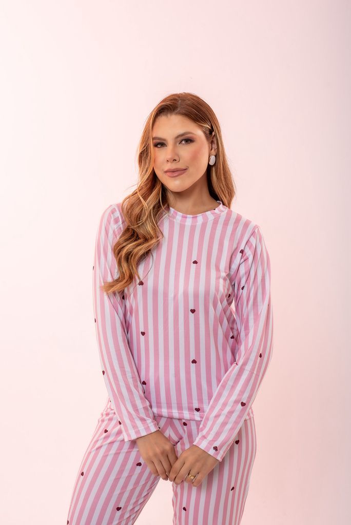 Pijama de Inverno Longo Corações Listrado Minimalista