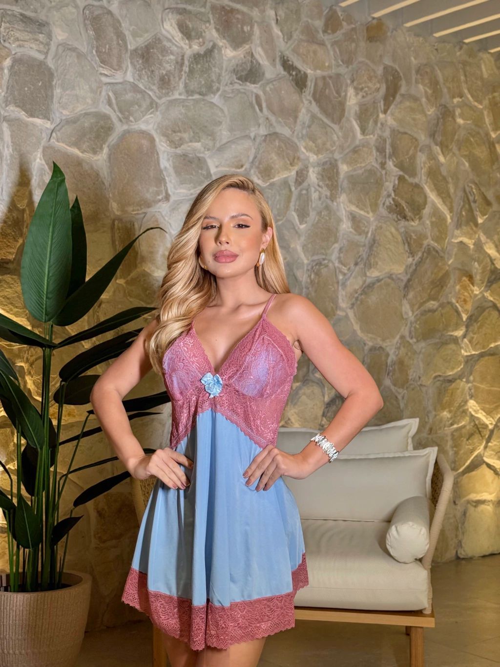 Camisola Azul Bebê Renda Líris